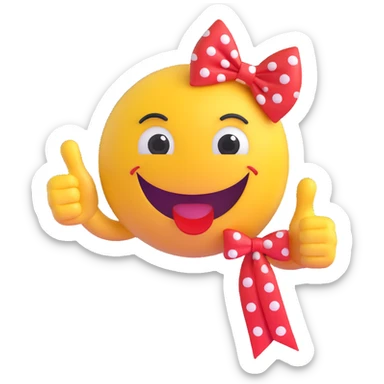 3D smiley emoji, large eyelashes, red polka dot bow, smiling, thumbs up with one hand, star and musical note beside, cute style sticker