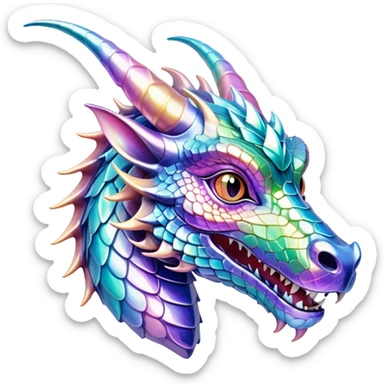 Sparkly glossy Pastel iridescent glass dragon head profile, 2 horns sticker