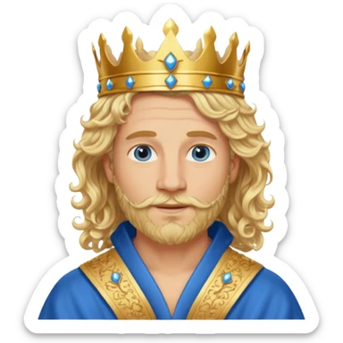 1 Middle-aged white king, 40 years old, blond hair, blond beard, long curly hair, blue eyes, kind and benevolent vibe, gentle smile, wearing a crown and blue robe emoj sticker