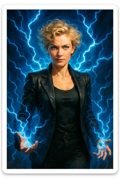 a woman with short curly blonde hair, blue eyes, and blue electric aura, looking powerful sticker