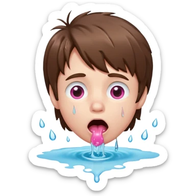 Pale Boy with shaggy brown hair, pink eyes looking up , mouth open , water drop dripping from lips sticker