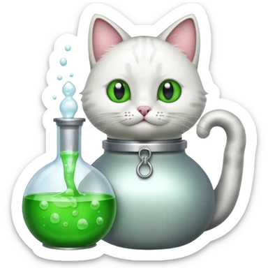 Sleek cat wearing a white coat, paw on a bubbling flask. sticker