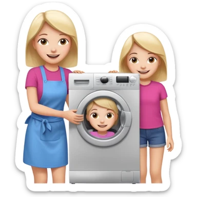 Mother and little daughter opening a washing machine door sticker