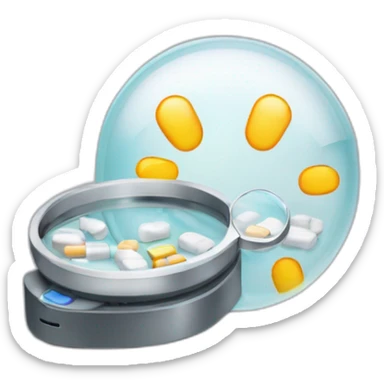 i want an emoji representing a printer with a magnifying glass covering it showing medication drugs sticker