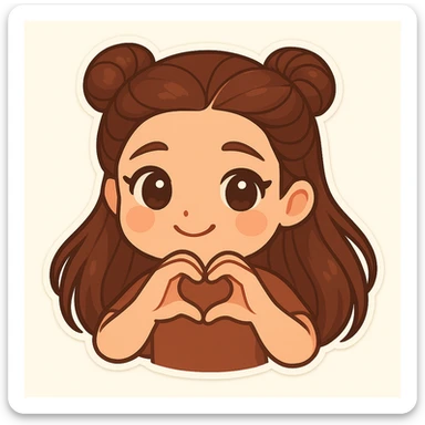 Create a chibi sticker of the girl with double bun hairstyle, making a heart shape with her fingers, sweet and loving. sticker