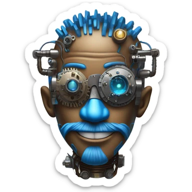 Brown cyborg head with blue Mohawk, blue beard, silver steampunk monocle goggles a smile and circuits sticker