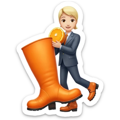 Office worker kissing a boot that is giant and orange sticker