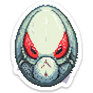 a strange large transparent alien egg, floating inside with a visible creature inside, embryo, embryonic, fetal shape, primordial, early growth, 3 glowing red eyes, illuminated from above, shining glass egg sticker