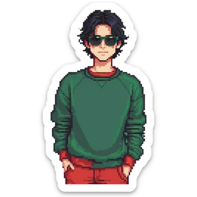A guy in a red sweatshirt with sunglasses, with stylish black hair, stands in a cool pose sticker
