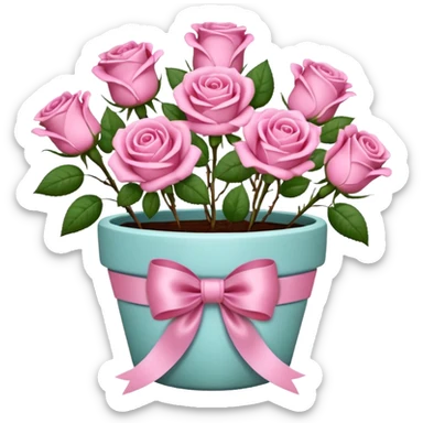 Flower pot with pink roses and ribbon sticker