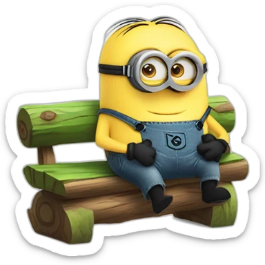 minion cute sitting on a bench and hugging a log sticker