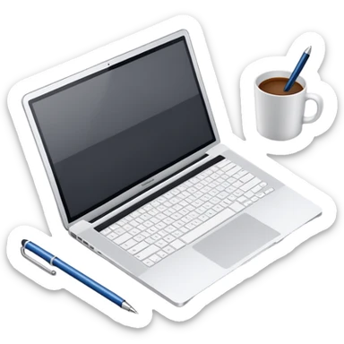top view of a MacBook and a notebook with a pen nearby, notebook with visible notes sticker