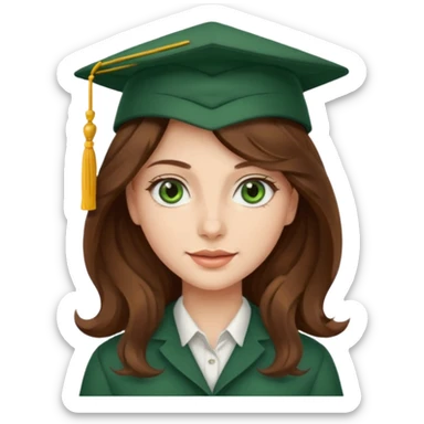beautiful  woman with wavy long brown hair and green eyes with school hat sticker