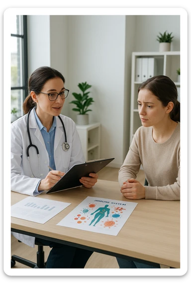 a doctor sits across from a patient in a bright, modern medical office. The doctor holds a clipboard and gently explains the diagnosis, while the patient listens with a concerned but attentive expression. On the desk, there are medical charts and a diagram of the immune system. The mood is empathetic and professional. sticker