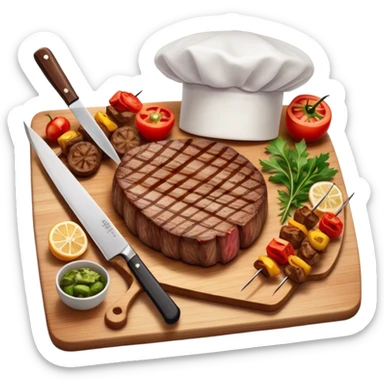 icon featuring a chef’s hat, a cutting board with fresh ingredients, a knife, a beautifully cooked ribeye steak, shashlik skewers, and a plate of food in the making. The design captures the passion of cooking with warm, inviting colors, and realistic textures. Transparent background. sticker