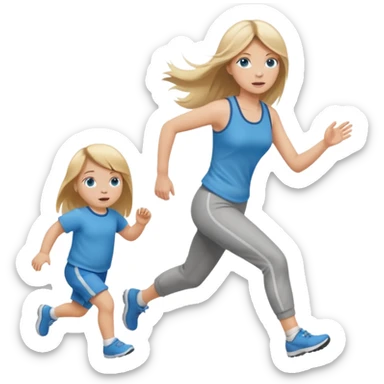 full length of a young woman with long straight dirty blonde hair, side bangs, and blue eyes. She is running behind a 1 year old baby girl sticker