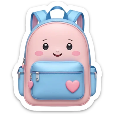Cute Kawaii Backpack, round and chubby, soft pastel pink and blue, tiny heart-shaped zippers, blushing cheeks, a tiny smiling face, a happy school-time companion! sticker