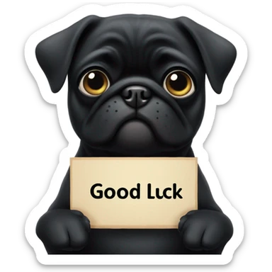 Black pug holding a sign that says good luck  sticker