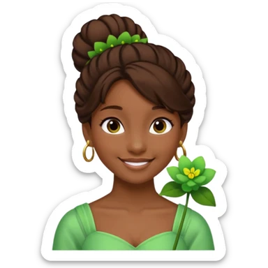 tạo cho tôi emoji tạo hình của công chúa da đen tóc nâu búi tóc 1 bên trên đỉnh đầu, cô ý cài hoa màu xanh lá cây. không đeo khuyên tai sticker