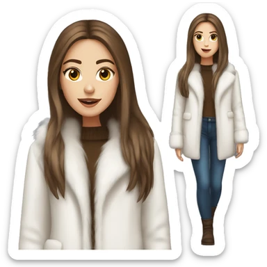 Beautiful white girl with straight brown long hair in white fur-coat sticker