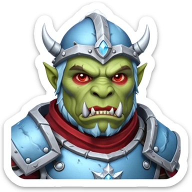 
Fantasy Christmas orc legion soldier icon, iron tundra army theme, heavy winter armor, disciplined brutal look, icy blue steel armor with deep crimson accents, frozen metal texture, cold winter atmosphere, male variant sticker