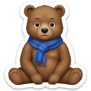 large serious-looking brown bear sitting wearing blue scarf no hat sticker