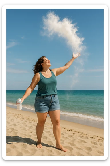 Donna in spiaggia che butta il borotalco italiano, la donna è intorno ai 66kg sticker