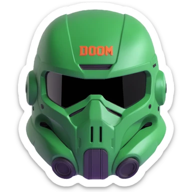 doom guy helmet, iconic green color, detailed, visor, video game style sticker