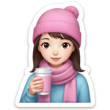 Cute East Asian girl, soft fair skin, big brown eyes, long lashes, natural pink lips, inward brown bob with straight bangs. Wearing pink beanie and scarf, rosy cheeks, shy smile, holding warm drink, snow,  sticker