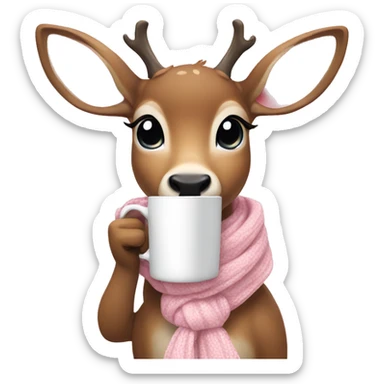 deer with a light pink scarf, wearing a light pink bow, holding a cup of coffee  sticker