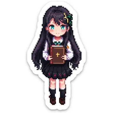 Japanese anime schoolgirl with long hair holding a book in pixel art style sticker