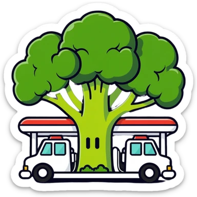 car gas station shaped like broccoli, humorous icon sticker