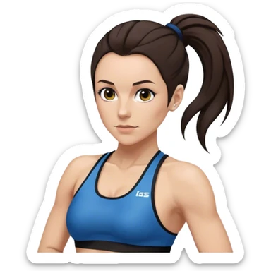 Melanie chisholm with a dark brown high ponytail wearing a sports bra and a track suit sticker