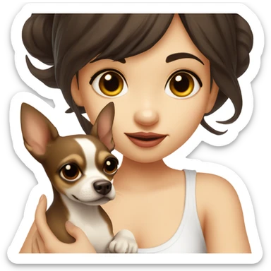 A girl with long, straight, very dark brown hair, big round brown eyes, and full, very big lips. She is wearing a white singlet top and holding a small chihuahua in her arms. The chihuahua is a solid light yellow colour with no markings sticker