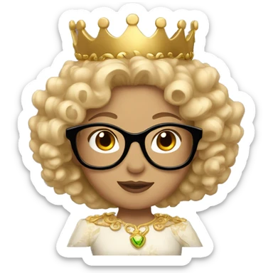 A light skinned princess with curls and a gold crown and glasses sticker