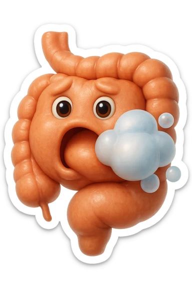 emoji stile iphone di un intestino che ingoia una nuvoletta di aria ben visibile e gli si gonfia la pancia, non fargli il naso, iperrealistico 4k sticker