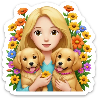A girl is holding two golden retrievers in the flowers sticker