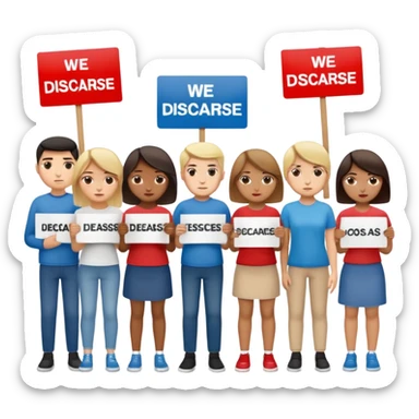 a crowd of people with unhappy faces and holding placards with the inscription: we disagree sticker