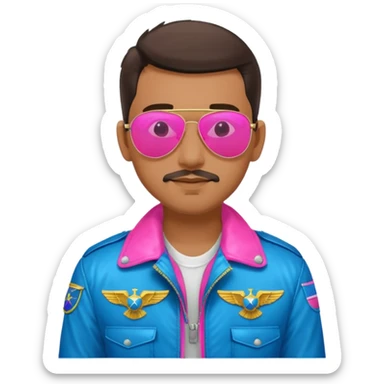 1980s cool man with stubble wearing reflective neon pink and blue aviator sunglasses and a pilot topgun jacket sticker