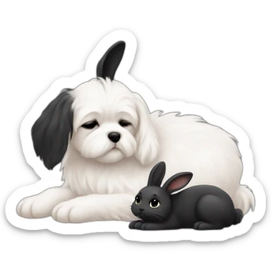 A Maltese dog sleeps with a black bunny sticker
