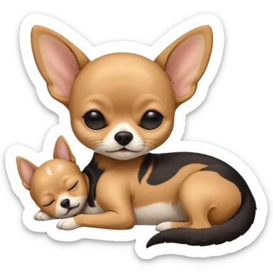 A high-resolution photo-realistic digital illustration of a cute mainly  black and tan chihuahua with eyes closed shut sleeping lazily on the ground sticker