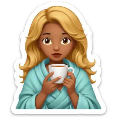 cute and sexy brown skin girl, golden wavy hair, sexy face expression, feeling sick, nose is red due to sickness, covered by blanket, holding tea mug in hands sticker