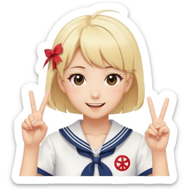 Energetic anime girl with short blonde hair wearing Japanese sailor style school uniform, winking and making double peace signs, very cheerful and bubbly, kawaii style sticker
