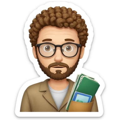 curly skinny guy with bear and glasses, poor and greedy with the pockets empty sticker