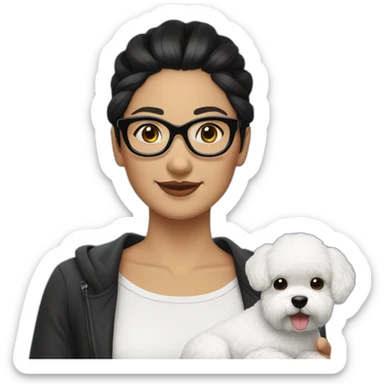 woman-black hair-bun-with glasses-with bichon dog-white-smile sticker
