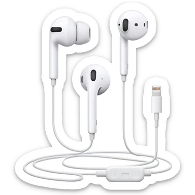 Minimalist white Apple EarPods with cord coiled in a perfect circle, clean simple design, no case, just the white headphones and wire arranged in a neat circle, iOS style sticker