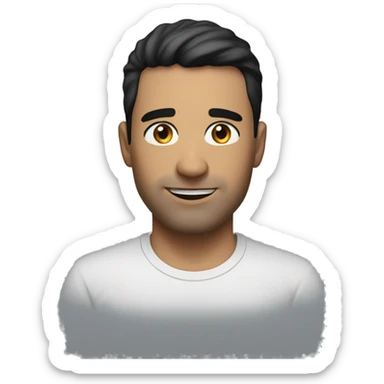 A head and shoulders shot of a 33 year old white man, with short black hair,   with brown eyes wearing a t-shirt. sticker