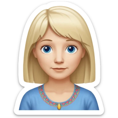 50 yr old white woman, hippie part short bangs, very long straight blond hair, oval face, small smile, blue eyes, thin face, hair downback, hair parted at center of head, round cheeks, pale, longer hair, white shirt sticker