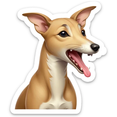 Cinematic Cute Yawning Fawn Greyhound Portrait Emoji, Head tilted slightly with a dramatic, wide-open yawn, showcasing a smooth fawn Fur with a refined finish, floppy ears slightly drooping, round eyes barely open in drowsy contentment, Simplified yet irresistibly adorable features, highly detailed, glowing with a soft, cozy glow, high shine, relaxed yet expressive, stylized with a touch of whimsy, bright and endearing, soft glowing outline, capturing the essence of a sleepy yet affectionate companion, so drowsy it feels like it could stretch out of the screen and curl up for a nap! sticker