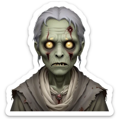 Cinematic Noble Zombie Portrait Emoji, Surprisingly dignified and somber, with a decaying yet strangely regal visage in ashen grays and muted tones, draped in tattered attire hinting at a lost grandeur, simplified yet meticulously detailed, glowing with a soft, eerie radiance and a gentle outline that evokes the tragic nobility of the undead! sticker